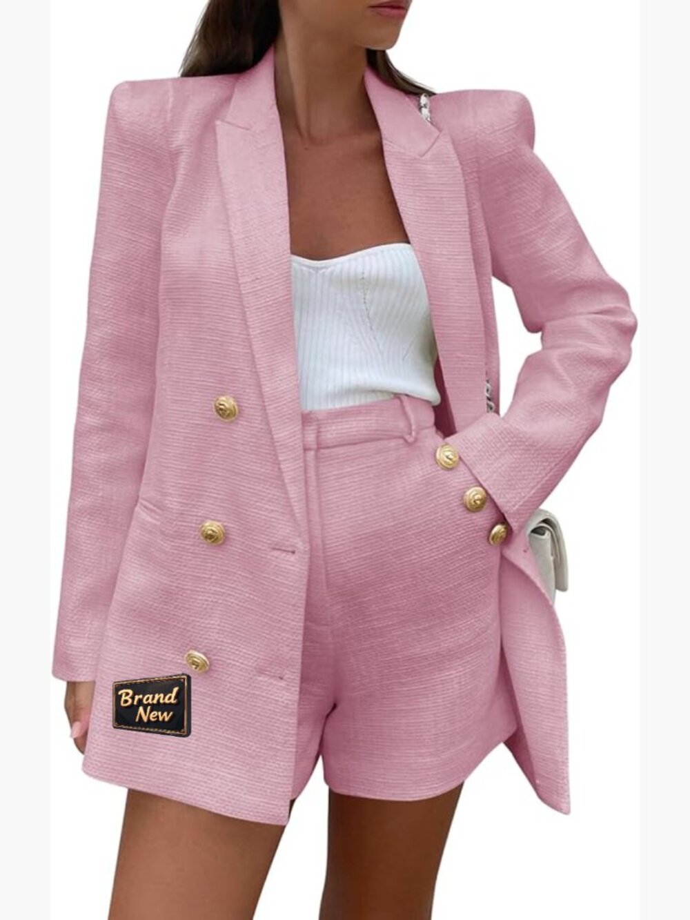 2 Piece Tweed Blazer Shorts Set Long Sleeve Double Breasted Suit Jacket